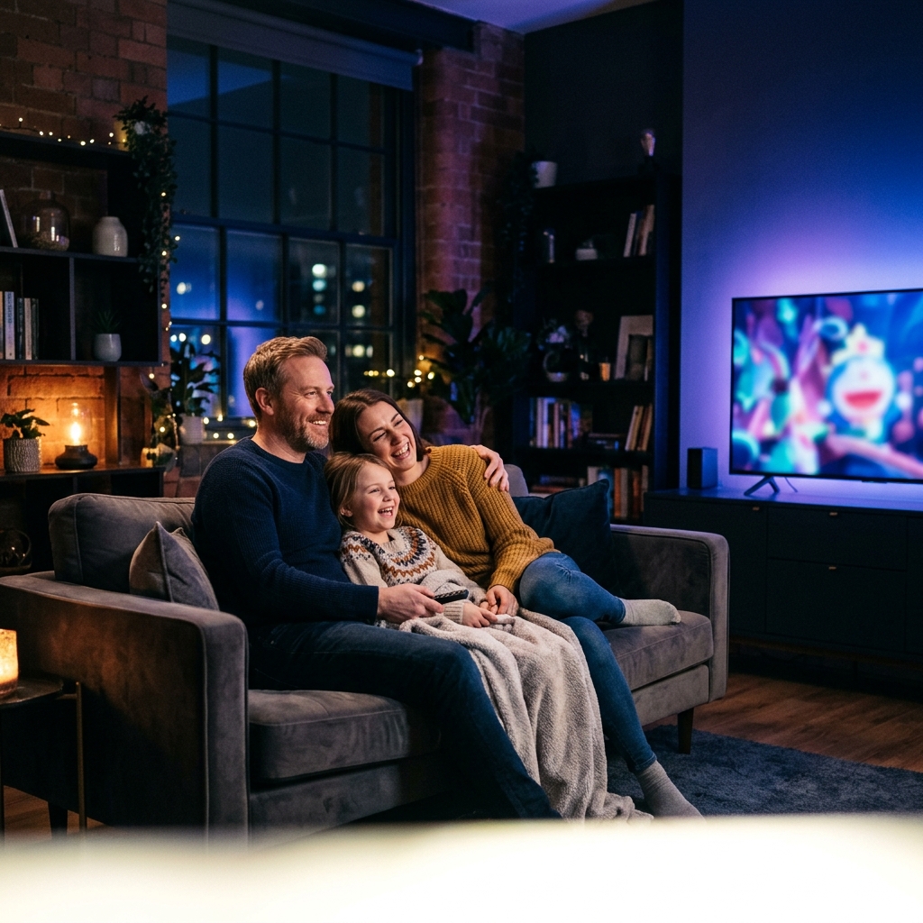 Family watching XoomsTV on TV